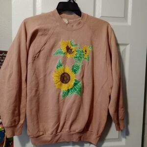 VTG Fruit Of The Loom Pink Sweatshirt Women’s Sz XL USA Sunflowers Handmade